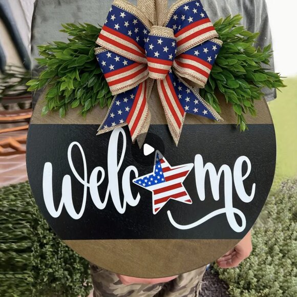 Welcome Patriotic Flag Front Door Hanging Sign Fourth of July Decor Wreath Gift - Picture 7 of 7